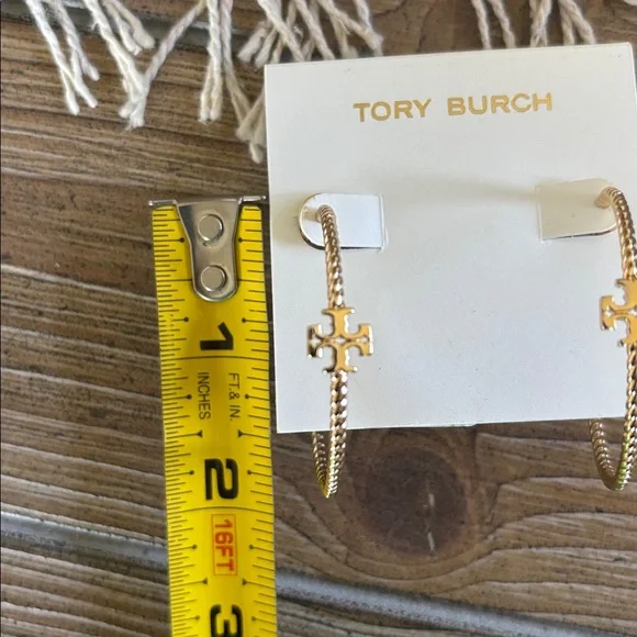 Tory Burch Gold Logo Textured Hoop Earrings - Picture 7 of 9